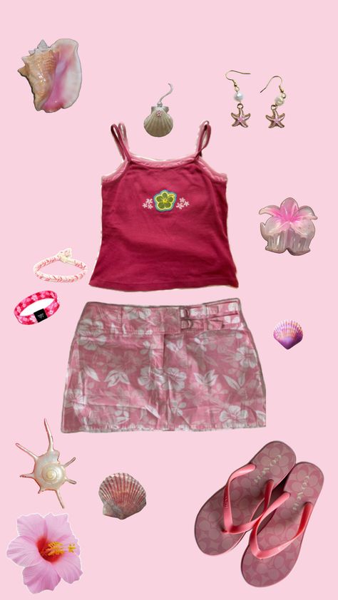 pink beachy coconut y2k hibiscus cutesie outfit inspo! layered tank top + floral skirt Coconut Girl Outfits Y2k, Beach Y2k Outfits, Hibiscus Outfit, Y2k Beach Outfit, Coconut Girl Aesthetic Outfits, Y2k Hibiscus, Beachy Y2k, Summer Thrift, Tropical Outfits