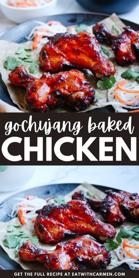 Gochujang Baked Chicken Legs: Spice up your meal with gochujang baked chicken legs, offering a deliciously spicy and savory taste. Split Chicken Legs Recipes, Korean Wings, Chicken Legs Recipes, Chicken Leg Quarter Recipes, Chicken Legs Recipe, Juicy Baked Chicken, Gourmet Chicken, Baked Chicken Drumsticks, Chicken Leg Recipes