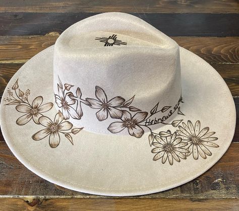 Hot off the burner! 🔥What a perfect verse for matching mother daughter hats! ”and let us consider one another to provoke unto love and good works;“ Hebrews‬ ‭10‬:‭24‬ ‭ Burn Hats, Cowboy Hat Crafts, White Fedora Hat, White Fedora, Cowboy Hat Design, Hat Burning, Custom Cowboy Hats, Custom Made Hats, Country Hats