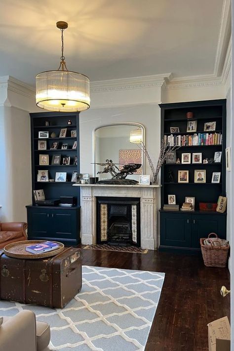 32 Bookshelves In Living Room Designs – The Crafty Hacks Dark Bookshelf Styling, Dark Bookshelves, Classic Bookshelves, Alcove Shelves, Classic Fireplace, Black Bookcase, Shelf Decor Living Room, Bookshelves In Living Room, Cozy Reading Corners