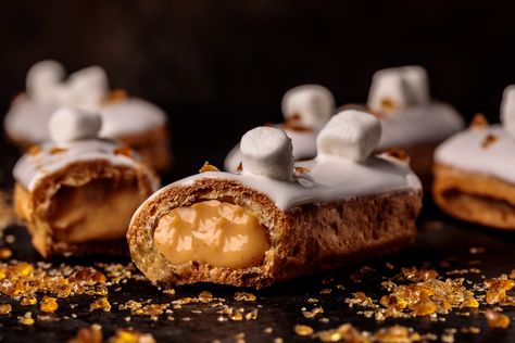 Sweet Potato Marshmallow Glazed Eclairs | Southern FATTY Potato Pastry, Sweet Potato Marshmallow, Icing Glaze, Marshmallow Icing, Sweet Potatoes With Marshmallows, Pastry Cream Filling, Eclair Recipe, Caramel Crunch, Pastry Cream