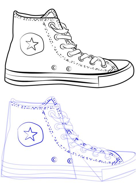 How to Draw Converse Shoe How To Draw Converse, Drawing With Wings, Shoes To Draw, Draw Converse, Converse Sketch, Shoes Drawing Ideas, Pointe Shoes Drawing, Converse Drawing, Shoe Drawings