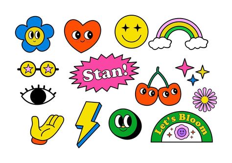 Retro y2k Sticker illustration collection Retro Doodles, Y2k Illustration, Design Methodology, Y2k Stickers, Retro Stickers, Retro Vector Illustration, Sticker Illustration, Sticker Design Inspiration, Sticker Retro