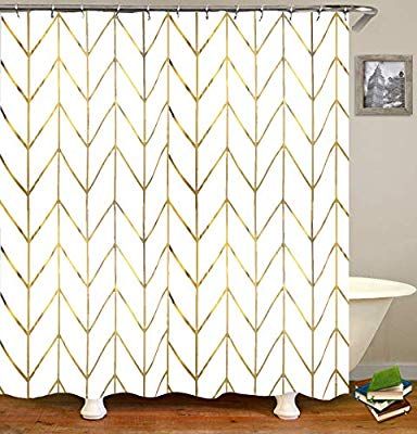 Beige Floor Tile, Gold Shower Curtain, Bathroom Window Curtains, Boho Bathroom Decor, Gold Shower, White Shower Curtain, Gold Chevron, White Shower, Boho Bathroom