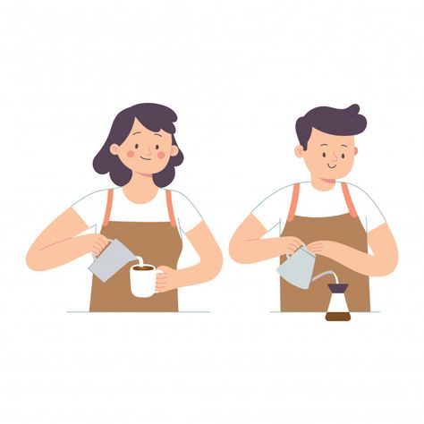 Two baristas poured milk and coffee into... | Premium Vector #Freepik #vector #food #coffee #people #hand Barista Drawing, Coffee Image, Male Cartoon, Coffee Shop Logo Design, Doodle People, Mobile Coffee Shop, Instagram Graphic Design, Coffee Cartoon, Coffee Icon