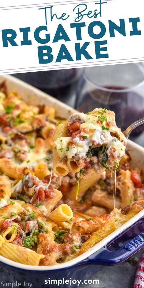 Rigatoni Sausage, Ground Beef And Spinach, Baked Pasta Recipe, Easy Pesto Pasta, Sausage Pasta Bake, Baked Penne Pasta, Rigatoni Recipes, Italian Meals, Spinach Bake