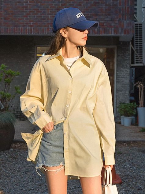 Pastel Shirt Outfit, How To Style Yellow Shirt, Yellow Shirt Outfit Women Casual, Big Blouse Outfit, Yellow Oversized Shirt Outfit, Dad Shirt Outfit Women, Yellow Linen Shirt Outfit, Big Button Up Shirt Outfits, Button Up Shirt Outfit Aesthetic