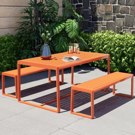 Hokku Designs Marya Rectangular 63" Long Dining Set & Reviews | Wayfair Patio Table Set, Table And Bench Set, 7 Piece Dining Set, Inspire Me Home Decor, Patio Dining Table, Dining Table With Bench, Bistro Set, Outdoor Dining Set, Bench Table