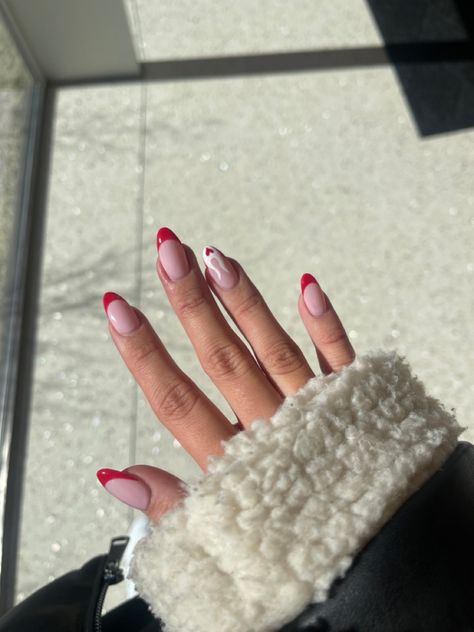 valentine’s day, nails, red nails, pink nails, heart, heart flame, heart nails, hands, cute nails, french tip nails Red French Tips Nails, Red French Tips, French Tips Nails, Heart Flame, Red French Tip, Tips Nails, Red French, Flame Design, White Hearts