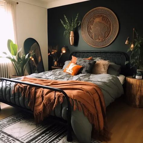 Boho Bedroom Dark Green, Green Bedroom Black Bed, Green Bedroom Black Furniture, Dark Moody Boho Bedroom, Dark Green And Orange Bedroom, Black White Green Bedroom, Black And Orange Bedroom, Dark Bohemian Bedroom, Black Green Bedroom