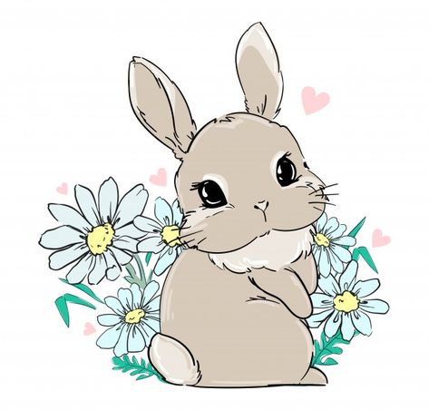 Premium Vector | Cute bunny sits in flowers, daisies. print for children's textiles, poster design, nursery. fluffy rabbit tail. illustration stock. Hase Tattoos, Flowers Daisies, Fluffy Rabbit, Rabbit Drawing, Bunny Tattoos, Rabbit Illustration, Cute Bunny Cartoon, Bunny Drawing, Rabbit Art