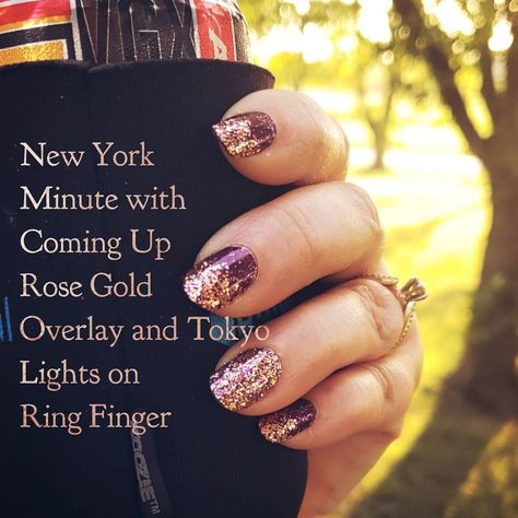 New York Minute with Coming Up Rose Gold Overlay and Tokyo Lights on Ring Finger. #BeColorful #BeBrillant #BeColorStreet… Tokyo Lights Color Street, Infinity Nails, New York Minute, Street Nails, Gold Overlay, I Feel Pretty, Color Street Nails, Feel Pretty, Color Street