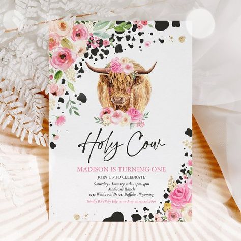 Cow 1st Birthday, Bunny Birthday Theme, Farm Birthday Party Invitations, Baby Birthday Party Theme, Floral Farm, Cow Birthday Parties, Floral Birthday Invitations, Cow Birthday, 1st Birthday Party Invitations