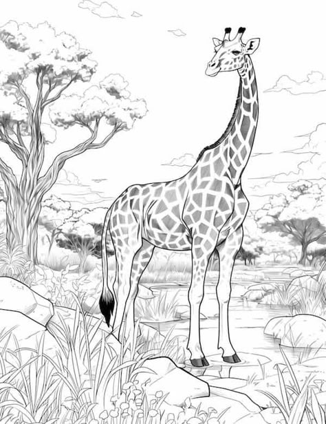 Giraffe walking in the wild Giraffe Coloring Pages Free Printable, Dinosaurs Drawings, Africa Illustration, Giraffe Coloring Pages, Bird Watercolor Art, Giraffe Colors, Landscape Embroidery, Our Mindful Life, Beautiful Eyes Images