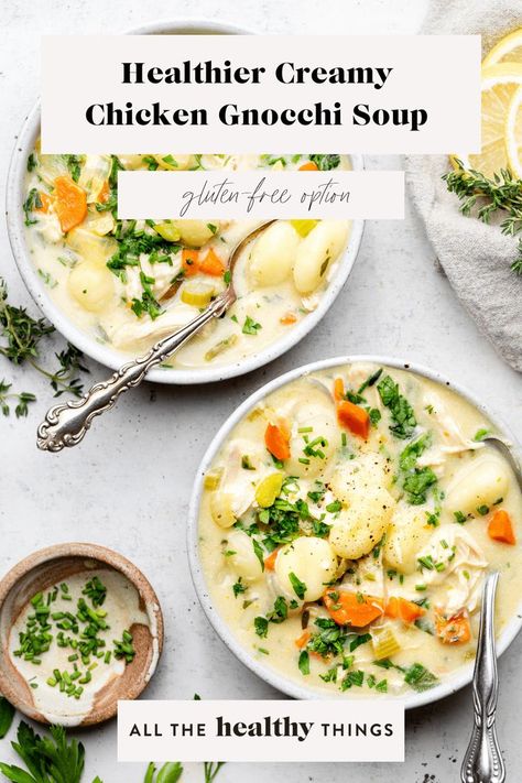 Healthier Chicken Gnocchi Soup, Best Healthy Soup, Olive Garden Gnocchi Soup, Creamy Chicken Gnocchi Soup, Gnocchi Chicken, Creamy Chicken Gnocchi, All The Healthy Things, Chicken Gnocchi Soup Recipe, Olive Garden Chicken Gnocchi