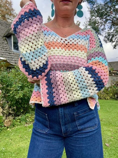 The Backstage Granny Sweater: A Colorful Stash-Busting Crochet Project – The Moule Hole Granny Sweater, Crochet Sweater Dress, Granny Stitch, Bonnet Pattern, Crochet Jumper, Glastonbury Festival, Crochet Daisy, Ear Warmer Headband, Daisy Dress