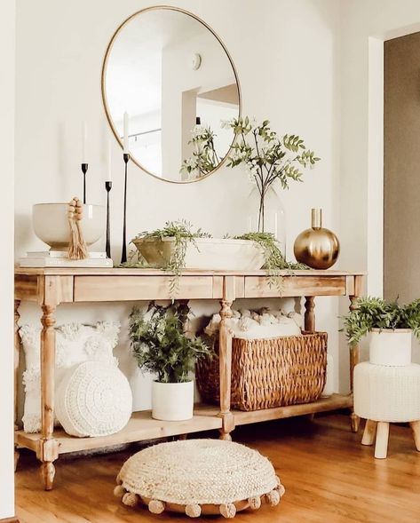 3,104 Likes, 14 Comments - World Market (@worldmarket) on Instagram: “We love the fresh, neutral styling of our favorite Everett Console. Photo via @brieawnce (Shop all…” Entry Console Table, Entry Table Decor, Console Table Decorating, Entryway Table Decor, Foyer Decor, Hall Decor, Entryway Table, The Dining Room, Formal Living Rooms