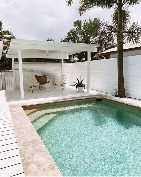 Bunnings Warehouse on Instagram: “Summer your way ☀️ How to transform a dated backyard into a coastal paradise: 🏖️ ✔ Install a pergola. ✔ Add a @jameshardieau hardie…” Cabana Ideas Backyard Poolside, Pool Pergola Ideas Cabanas, Hamptons Pool Cabana, White Pool Cabana, Cabana Ideas Backyard, Bunnings Renovation, Pool Fencing Landscaping, Pool Cabana Ideas, Bunnings Screen Panels