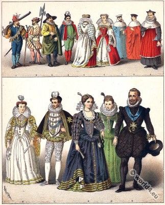 French Baroque fashion at the end of the 16th century French Court Dress, 1500s Fashion, 16th Century Fashion, French Costume, Tudor Era, Court Dresses, Medieval Clothing, Period Costumes, Medieval Fashion