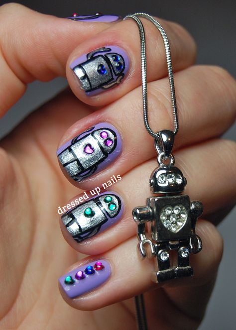 Cute Robot Nails! Cute Robot, Up Nails, Popular Nails, Get Nails, Nail Art Rhinestones, Beautiful Nail Art, Cool Nail Designs, Creative Nails, Manicure E Pedicure