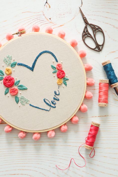 All You Need is Love - Floral Embroidery Hoop Art Valentine Embroidery, Lazy Daisy Stitch, Learn Embroidery, Embroidery Patterns Free, Sewing Blogs, Free Quilting, Embroidery Hoop Art, Valentine Day Crafts, Free Embroidery