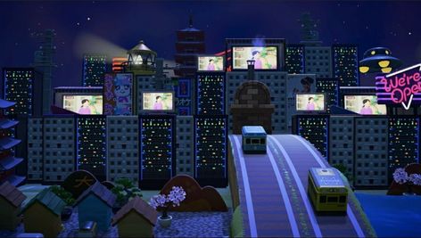 This incredible forced perspective ACNH city and freeway was created by raeislerep on Instagram. Horizon City, Cyberpunk Design, City Decor, Animal Crossing Fan Art, City Island, Forced Perspective, High Building, Island Theme, Acnh Inspo