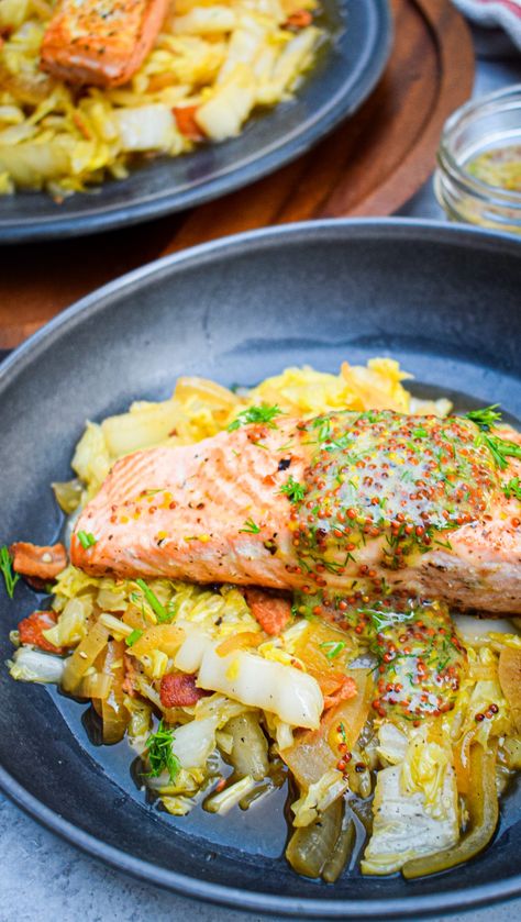 Pan Seared Salmon with Mustard Sauce and Bacon Fried Cabbage - The Jam Jar Kitchen Cabbage Salmon Recipe, Salmon Cabbage Recipes, Salmon And Cabbage, Salmon With Mustard Sauce, Salmon Cabbage, Wildfit Recipes, Salmon With Mustard, Bacon Fried Cabbage, Bacon Fries