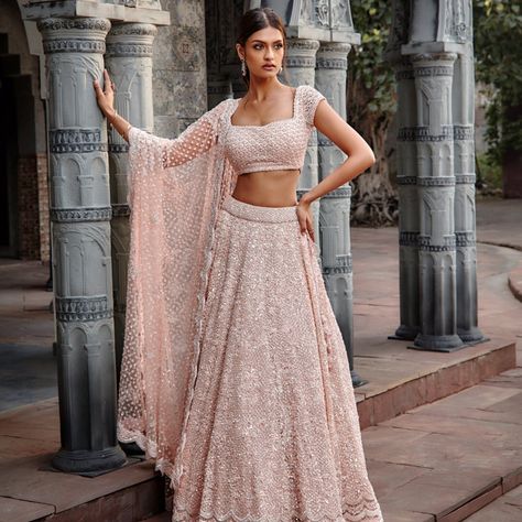 Tulle Lehenga, Embroidery With Sequins, Blush Fabric, Indian Bridesmaid Dresses, Reception Outfit, Reception Lehenga, Indian Outfits Lehenga, Tonal Embroidery, Indian Bride Outfits