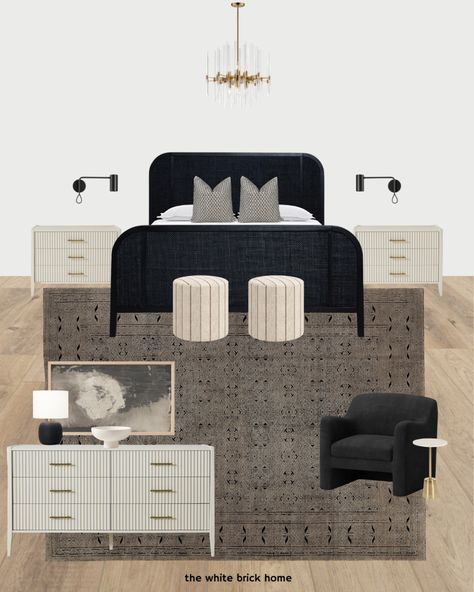 Black Bed With Nightstands, Black Bed Frame White Nightstand, Black Accent Chair For Bedroom, Black Bed White Nightstand, Black Bed And Nightstands, Matte Black Bedroom Furniture, Guest Room Ideas Black Bed Frame, Black Bed Frame White Dresser, Black Bed With Wood Nightstands