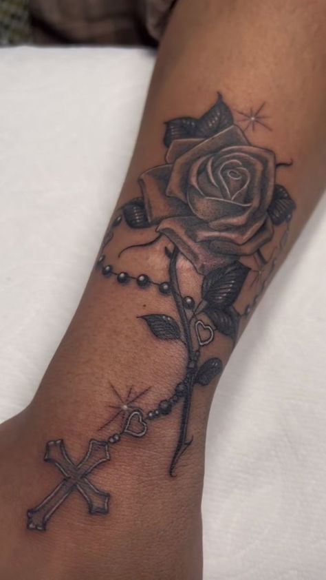 Rosary Tattoo Design For Woman, Cross With Letters Tattoo, Tattoo With Cross For Women, God Tattoos For Women Forearm, Front Arm Tattoo Woman Half Sleeves, Tony Tattoo Ideas, Tattoo Ideas Female Sleeve Inner Arm, Tattoo Ideas Female For Mom, Heavenly Tattoo For Women