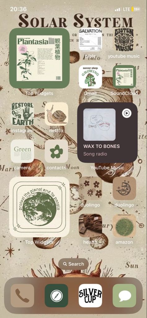 Widget Iphone Aesthetic Earthy, Earth Tones Icons For Apps, Green Iphone Aesthetic Layout, Green Themed Homescreen, Aesthetic Homescreen Layout Green, Earthy Phone Case, Hippy App Icons, Brown And Green Homescreen, Green Earthy Aesthetic Wallpaper