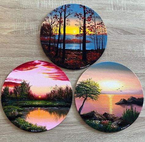 Ari Art 1 on Instagram: "Sunset Painting My Youtube Channel👉Ari Art 1 🔴Full Video on my YouTube Channel Thank you! #AcrylicPainting #landscape #dailypaint #satisfying #oncanvas #artwork #canvaspainting #sunsetpainting #landscapepainting #malen #kunst #art #ariart1" Magnet Painting Ideas, Circle Acrylic Painting, Circular Canvas Painting, Canvas Painting Ideas For Beginners, Circle Canvas, Circle Painting, Painting Ideas For Beginners, Canvas For Beginners, Canvas Painting Ideas