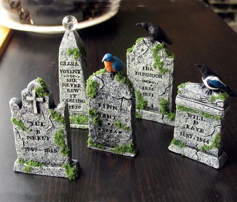 halloween village tombstones | Dearly Departed Halloween Miniature Tombstone by bewilderandpine Chess Ideas, Halloween Villages, Halloween Dollhouse, Halloween Village Display, Halloween Clay, Haunted Dollhouse, Halloween Miniatures, Dollhouse Projects, Haunted Dolls