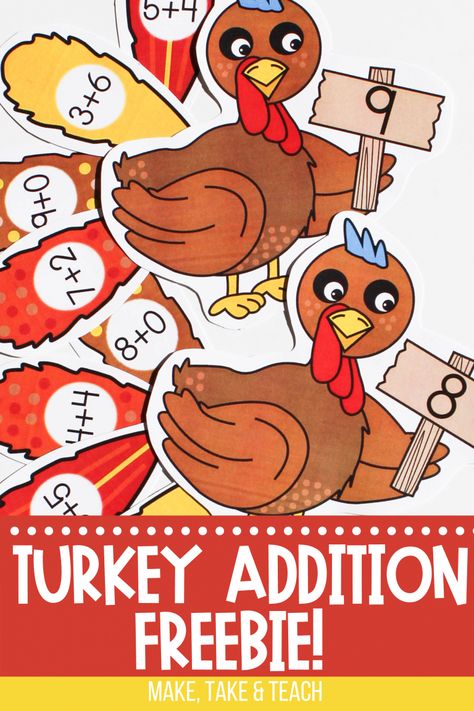 Thanksgiving Turkey Activities Math Freebie Thanksgiving Addition Kindergarten, Thanksgiving Math Preschool, Addition Activities Kindergarten, Turkey Activities, Thanksgiving Math Centers, Thanksgiving Addition, Kindergarten Stations, Thanksgiving Classroom Activities, Thanksgiving Literacy