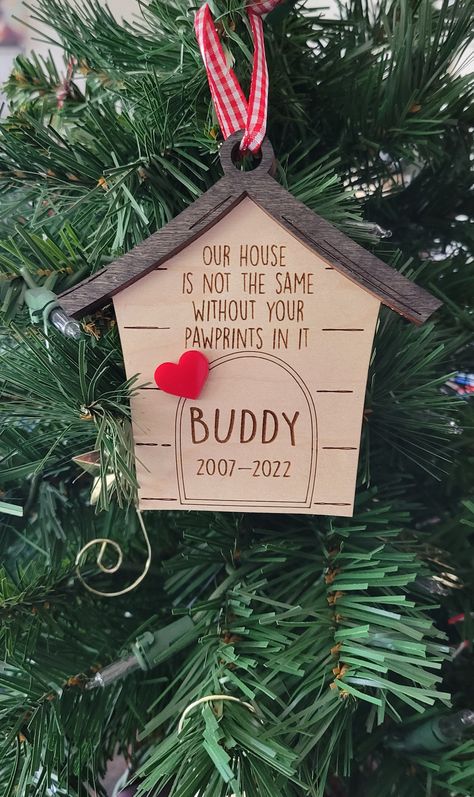 Pets are more than family. This personalized dog memorial ornament is a great way to remember your fur baby all year round. Also great to gift to someone who has lost their fur bestie.  This keepsake ornament measures 4.08 x 4.02. Ornament comes with plaid ribbon - as shown in photo - for easy gifting or hanging.  To order simply select from drop down menu. Ornament choice includes: -Our house is not the same without your pawprints in it -My house is not the same without your pawprints in it -My Dog Memorial Ornament, Easter Baby Shower, Silent Night Holy Night, Clear Ornaments, Laser Files, Wood Christmas Ornaments, Memorial Ornaments, Plaid Ribbon, Baby Easter