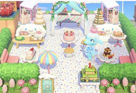 Animal Crossing Boba Tea Shop, Acnh Sanrio Cafe, Chai Animal Crossing, Chai Acnh, Acnh Shopping Area Ideas, Animal Crossing Bakery, Acnh Moodboard, Acnh Bakery, Acnh Kawaii