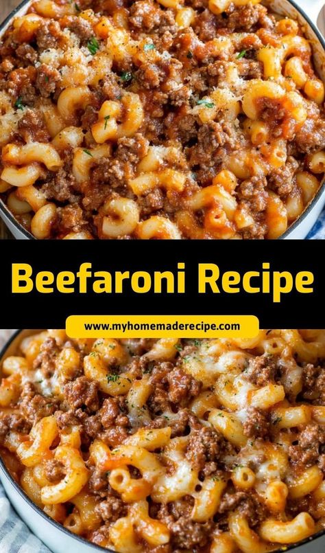 This classic Beefaroni Recipe is a family favorite! Made with tender pasta, seasoned ground beef, and a rich tomato sauce, it’s an easy, hearty, and satisfying meal that’s perfect for busy weeknights. Pasta Sauce Ground Beef, Easy Beefaroni Recipe, Homemade Beefaroni Recipe, Ground Beef And Pasta, Beefaroni Recipe, Tasty Noodles Recipe, Beef And Pasta, Noodle Casserole Recipes, Macaroni Recipes