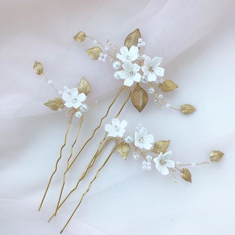 Excited to share the latest addition to my #etsy shop: Wedding hair pins small white flower Gold Hair Accessories Wedding, Braided Updo Wedding, Gold Headpiece, Floral Hair Clip, Burlap Crafts, Wedding Gold, Flower Leaves, Small White Flowers, Prom Ideas