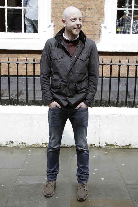 casual street style - washed denim teamed with a burgundy knit and shirt, finished off with the Barbour Sapper Tailored wax jacket. Smart Casual Street Style, Rugged Waxed Winter Outerwear, Rugged Waxed Finish Winter Outerwear, Barbour Sapper, Barbour Wax Jacket Men, English Country Fashion, Festival Friends, Coat Ideas, Barbour Lutz Waxed Jacket