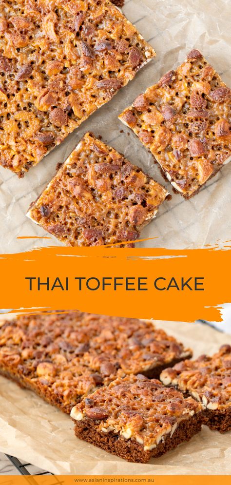 This Thai Toffee Cake is a sweet treat of moist mocha cake topped with cashew, almond and toffee. Get this simple Thai Toffee Cake recipe. Recipe by Asian Inspirations #thairecipe #thairecipes #thaidessert #thaibaking #baking #baked #toffeecake #toffee #cake #thaitoffeecake #dessertrecipe #dessertrecipes #dessert #desserts #sweet #thaisweets #sweets #teatime #nuts #coffee #darkchocolate #chocolate #dessertideas #bakingideas #bake #cashewnuts #almond #sugar #easydessert #thai #eggs #eastrecipe Thai Eggs, Thai Cake, Toffee Cake Recipe, Thai Coffee, Tea Desserts, Toffee Cake, Asian Dessert, Mocha Cake, Hazelnut Cake