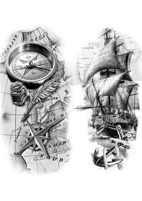 Sea God Tattoo, Map Sleeve Tattoo, Map Compass Tattoo, Masculine Tattoo Ideas, Long Tattoo Design, Pirate Tattoo Sleeve, Ship Tattoo Design, Ship Tattoo Sleeves, Long Tattoo