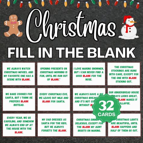 Christmas Fill in the Blank Printable Game - Digital Download Host the most memorable holiday Christmas party with this fun Christmas Fill in the Blink game! This game is designed to bring joy, laughter, and festive fun to your holiday parties, keeping your guests entertained for hours at a time. This Christmas game includes 32 total questions and answer sheets for each team. The Christmas-themed questions that will spark joy and laughter at your event. Instantly download and print the game, all Christmas Fill In The Blank Game, Games Christmas Party, Christmas Things To Do, Fun Christmas Party Games, Games Christmas, Printable Christmas Games, Christmas Trivia, Holiday Party Games, Family Party Games