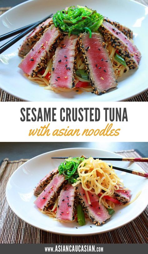 This gorgeous sesame crusted tuna is not only good looking, but good for you and so easy to make! Pan seared sesame crusted tuna steak is served over gluten free rice noodles tossed with vegetables and herbs. Ready in just 35 minutes, this quick and easy asian dinner is perfect for busy weeknights. It's also a stunning recipe for dinner parties, and since it's completely gluten free, it's a total crowd pleaser. Sesame Crusted Tuna, Seared Tuna Steaks, Easy Asian Noodles, Tuna Dishes, Tuna Steak Recipes, Steak And Rice, Tuna Recipe, Asian Dinner, Healthy Asian Recipes