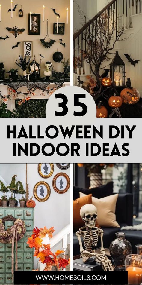 Create a spooky atmosphere with 35 Halloween DIY indoor ideas. From eerie table centerpieces and haunted mirrors to ghostly wall art and glowing pumpkins, these easy-to-make decorations will transform your home into a Halloween wonderland. Get crafty and start your indoor Halloween decor today! Inside Halloween Decor Diy, Halloween Set Up Ideas, Indoor Scary Halloween Decor, Decorating Halloween, Halloween Aesthetic House Decor, Indoor Diy Halloween Decor, Modern Home Halloween Decor, Halloween Decor Inspo Living Room, Make Your Own Halloween Decorations