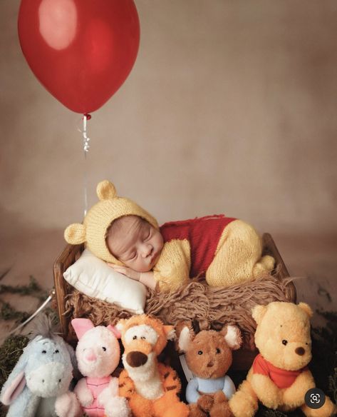 Winnie The Pooh Photoshoot Ideas, Disney Newborn Photography, Winnie The Pooh Newborn Photography, Pooh Newborn Pictures, One Month Milestones Baby Photos, Winnie The Pooh Baby Photo Shoot, Winnie The Pooh Newborn Pictures, Disney Newborn Pictures, Winnie The Pooh Photoshoot