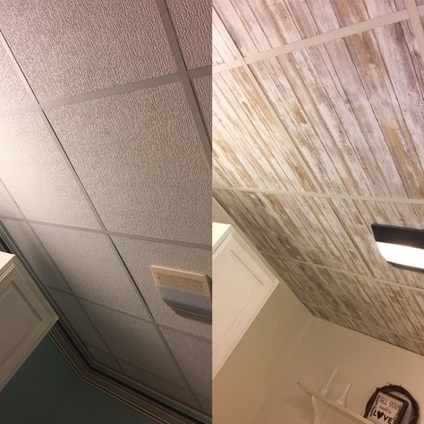 Wallpapered Drop Ceiling. Update drop ceilings with peel and stick wallpaper. Wallpaper Basement, Ceiling Update, Drop Ceiling Makeover, Drop Ceiling Basement, Ceiling Makeover, Drop Ceilings, Basement Ceiling Options, Ceiling Basement, Drop Ceiling Tiles