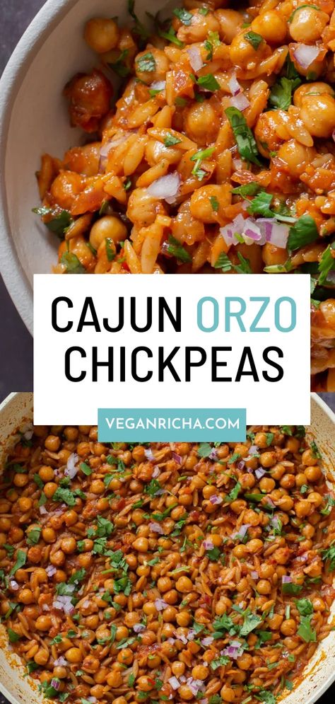 You won't be able to get enough of this recipe! Cajun orzo chickpeas are a satisfying weeknight meal that’s packed with flavor! Tender orzo and goes so well with hearty chickpeas and lots of deep, Cajun spices. Cajun Orzo, Vegan Cajun Recipes, Gluten Free Orzo, Vegan Cajun, Cajun Spices, Fast Meals, Orzo Recipes, Spiced Chickpeas, Vegan Entree