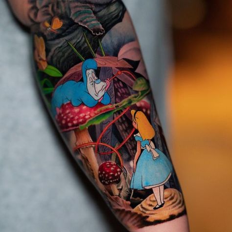 Yomicoart on Instagram: "Alice in wonderland project" Alice In Wonderland Tattoo Sleeve, Alice In Wonderland Tattoo, Alice And Wonderland Tattoos, Pop Art Tattoos, Bright Tattoos, Alice In Wonderland Illustrations, Wonderland Tattoo, Thigh Piece, Tattoos For Black Skin