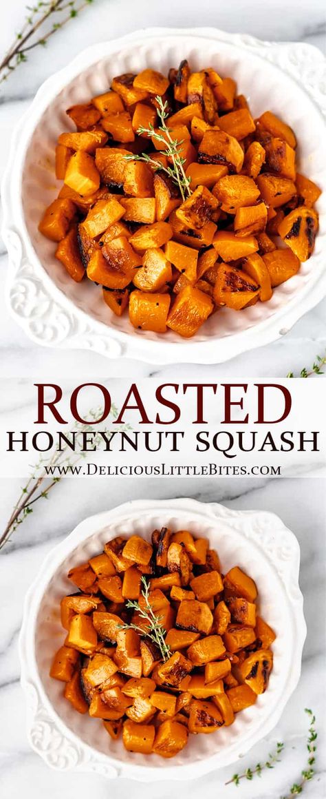 This 4-ingredient side dish is simple to prepare, plus it’s healthy too. Roasted Honeynut Squash makes a great dish for Thanksgiving starring seasonal produce and sweet caramelized flavor. It’s a wonderful recipe to try if you enjoy eating butternut squash. | #honeynutsquash #honeynut #roastedhoneynut #squash #sidedish Honey Nut Squash Recipe, Roasted Honeynut Squash, September Meals, Roasted Squash Recipes, Grain Sides, Healthy Squash Recipes, Fresh Vegetable Recipes, Honeynut Squash, Baked Meatballs