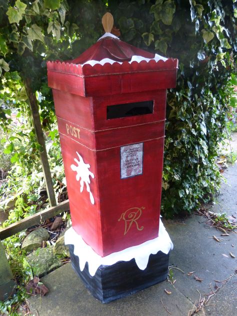 christmas postbox i made this for a  christmas shop display out of a cardboard box hand painted  victorian post letter  box for santa xmas 2014 Christmas Post Box Diy, Christmas Post Box Ideas, Cardboard Post Box Ideas, Christmas Postbox Diy, Santa Letter Box Diy, Christmas Post Office, Christmas Grotto, Xmas Post Box, Christmas Grotto Ideas